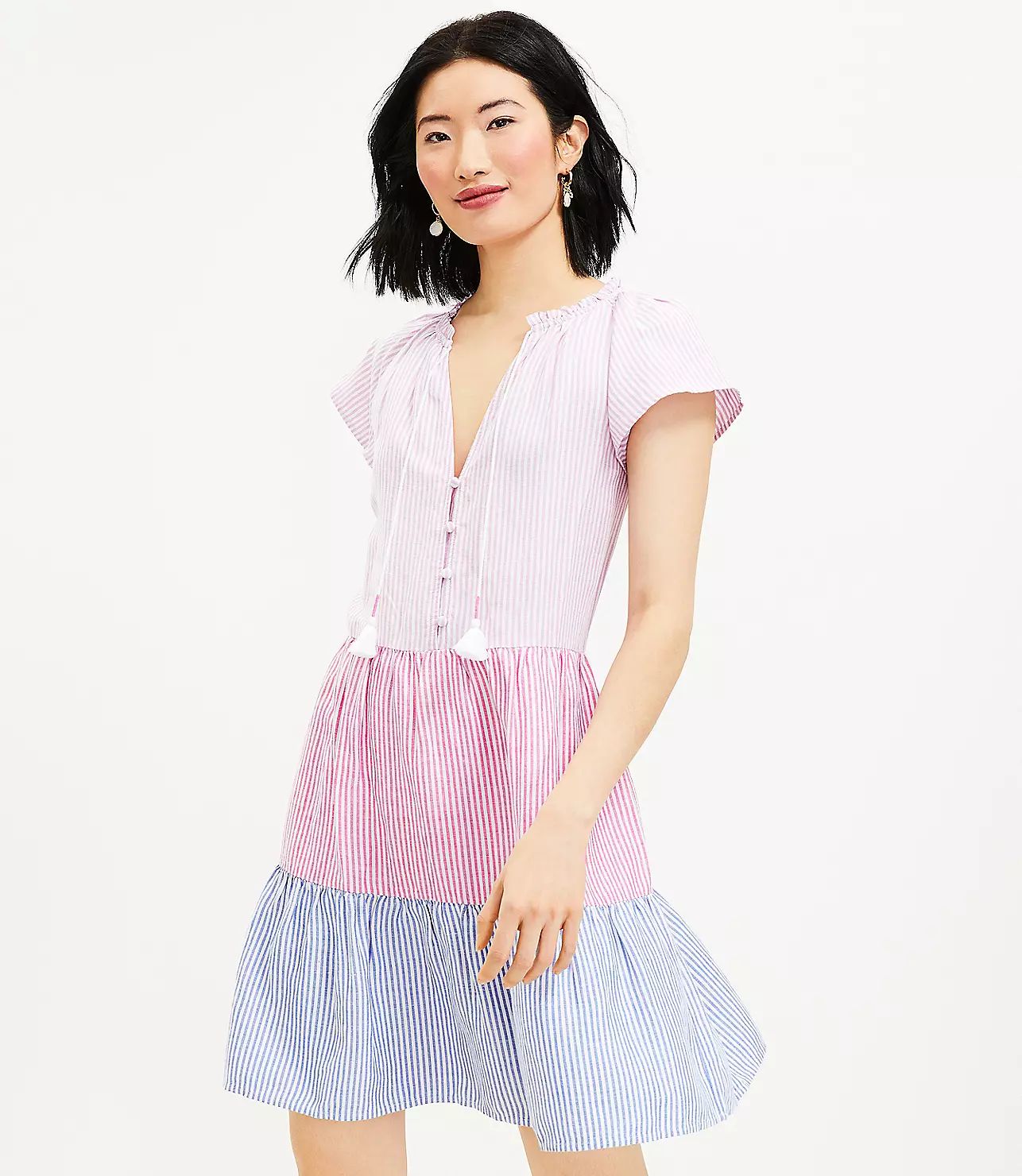 Striped Tie Neck Tiered Swing Dress | LOFT