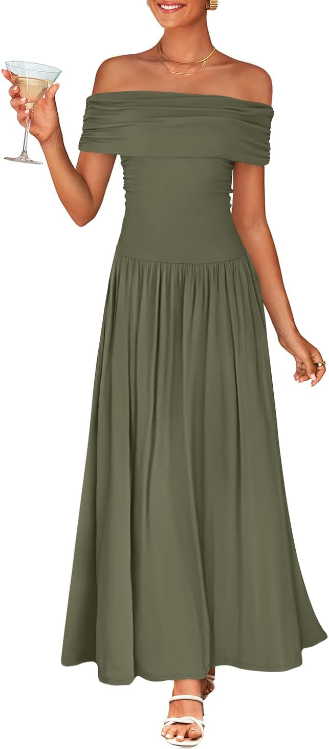 ZESICA Womens Off Shoulder A Line Wedding Guest Maxi Dress | Amazon (US)
