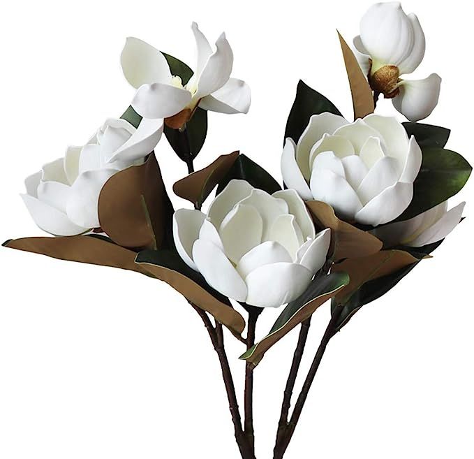 LIUCOGXI Vintage Artificial Magnolia Flower White 6 Heads,Long Stem Magnolia Bouquet with Green L... | Amazon (US)