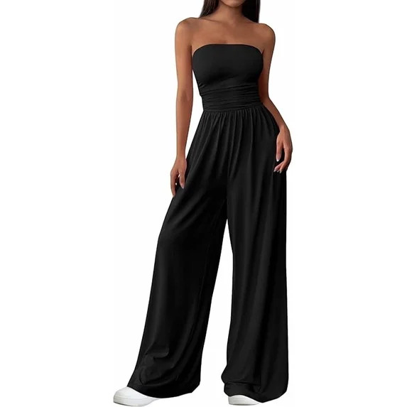 PRETTYGARDEN Womens Trendy Strapless Rompers Ruched Tube Top Wide Leg One Piece Jumpsuits Beach V... | Walmart (US)