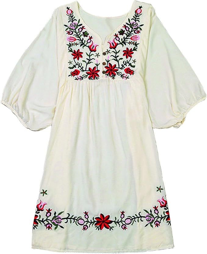 Kafeimali Summer Dress V Neck Mexican Embroidered Peasant Women's Dressy Tops Blouses | Amazon (US)