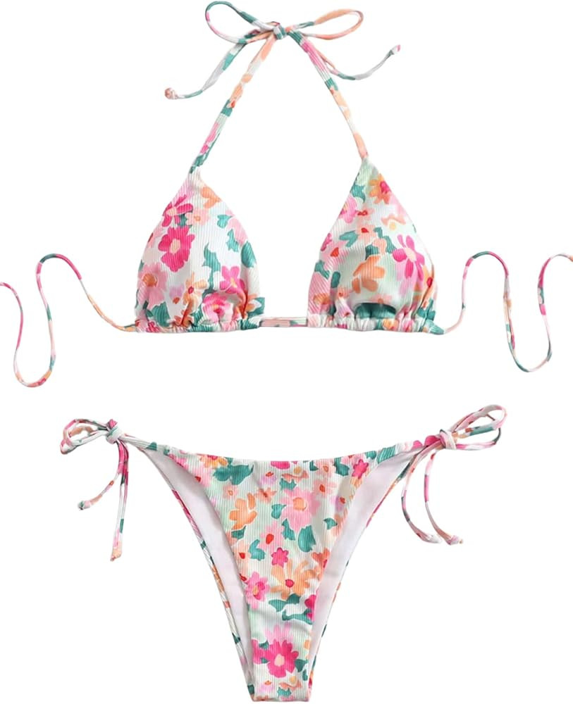 SweatyRocks Women's 2 Piece Triangle Bathing Suit Halter Top ​Tie Side Thong Bikini Swimsuits | Amazon (US)