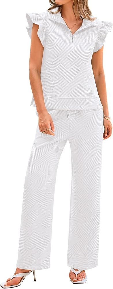 BTFBM Women Summer 2 Piece Sets Airport Outfits Ruffle Cap Sleeve Quarter Zip Top Wide Leg Pants ... | Amazon (US)