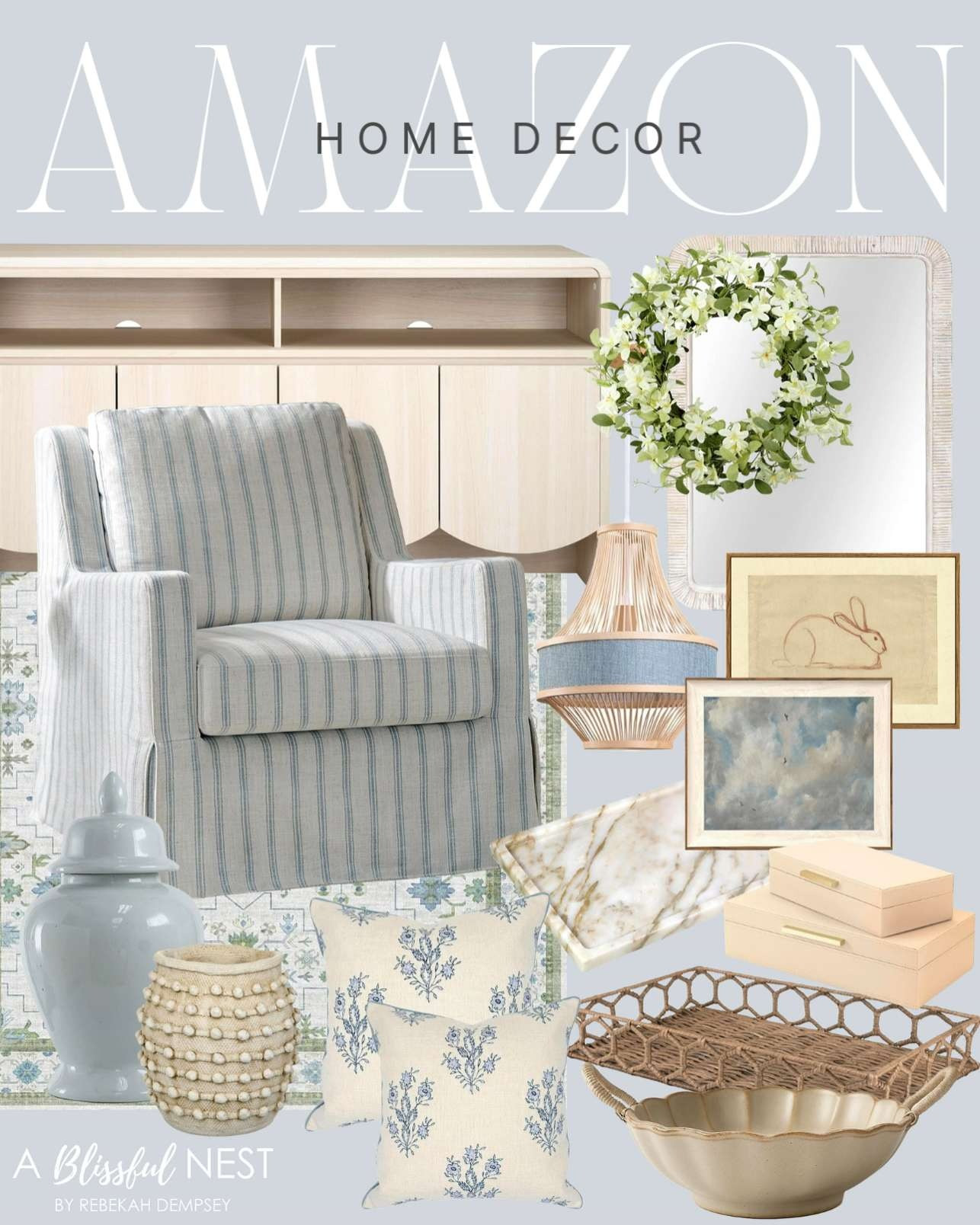 Beautiful Amazon home decor that instantly adds warmth and charm to any space. Shop the look.

rustic farmhouse vase, swivel rocker chair, wicker wall-mounted mirror, blue and green living room rug, bamboo basket ceiling pendant light, honeycomb tray, ginger jar, scalloped ceramic bowl, floral wreath, marble serving tray, blue and white decorative throw pillow, framed canvas prints, TV stand, decorative storage boxes. 

 #LTKHome