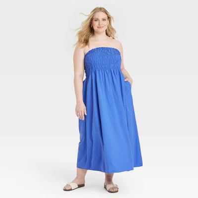 Women's Midi A-Line Dress - Universal Thread™ Blue 3X: Strapless, Sleeveless, Backless, Side Pocket | Target