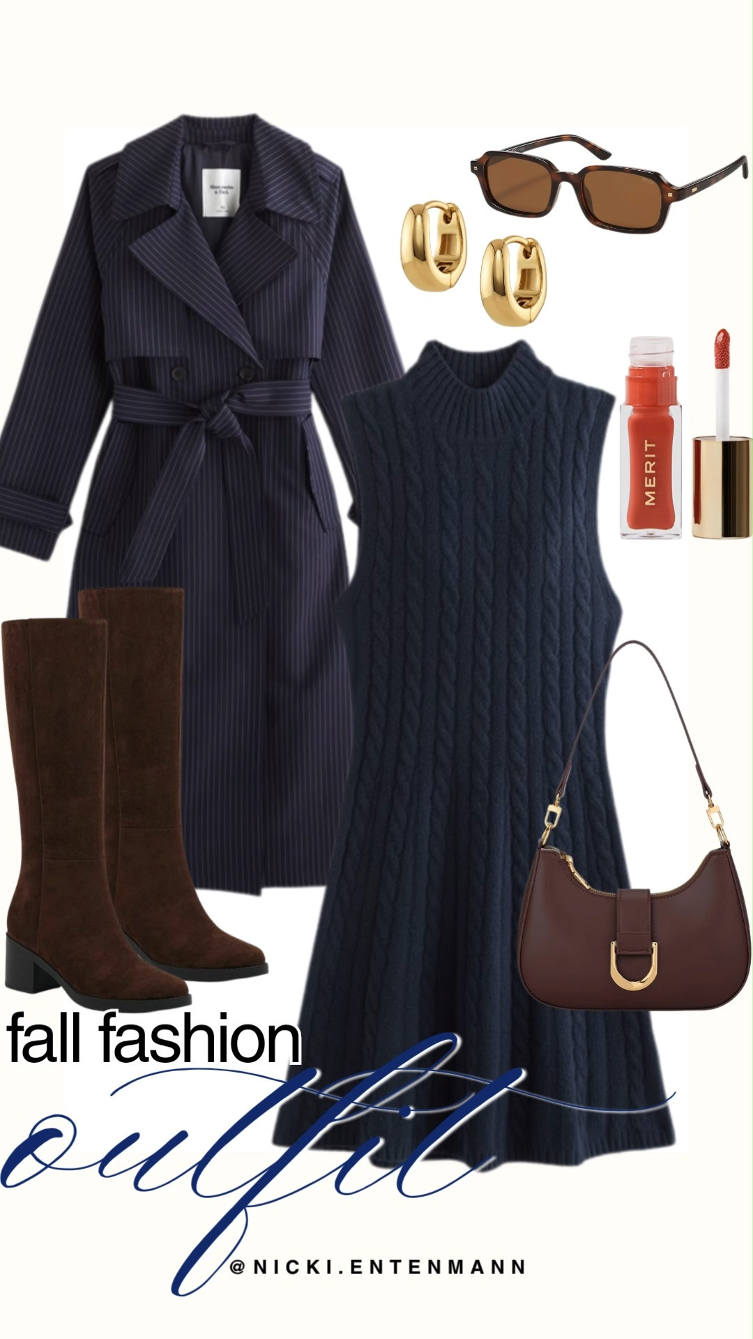 Elevate your cool-weather wardrobe with this refined fall fashion outfit edit featuring rich navy and chocolate brown tones. A sleeveless navy cable-knit sweater dress layers flawlessly under a tailored navy pinstripe trench coat. Rich brown suede knee-high boots, a matching leather shoulder bag, tortoise sunglasses, gold hoop earrings, and Merit lip oil complete this polished, preppy look.

#fallfashion #falloutfit #abercrombiestyle #streetstyle #outfitinspiration #preppycasual #everydayfashion 

 #LTKootd #LTKTravel #LTKWedding