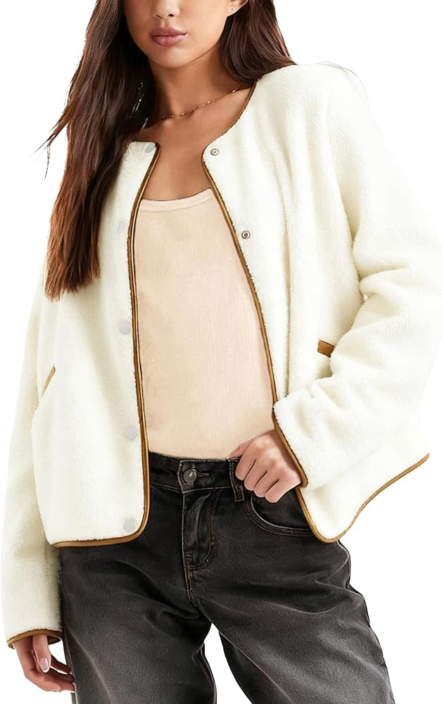 Womens Fleece Jacket Fuzzy Casual Long Sleeve Round Neck Button Down Coat Sherpa Outwear with Poc... | Amazon (US)