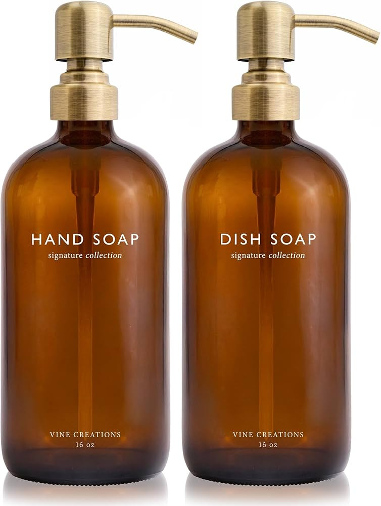 Vine Creations Amber Glass Soap Dispenser Set, Dish Soap and Hand Soap Dispenser Set with Stainle... | Amazon (US)