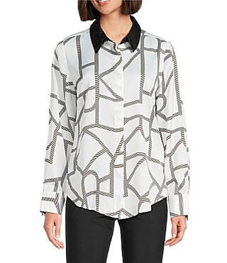 KARL LAGERFELD PARIS Woven Printed Point Collar Long Sleeve Button Down Blouse - S | Dillard's