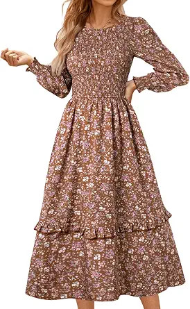 Kate Kasin Long Sleeve Midi Dress for Women, Casual Smocked Vintage Midi Dresses, Modest Fall Flo... | Amazon (US)