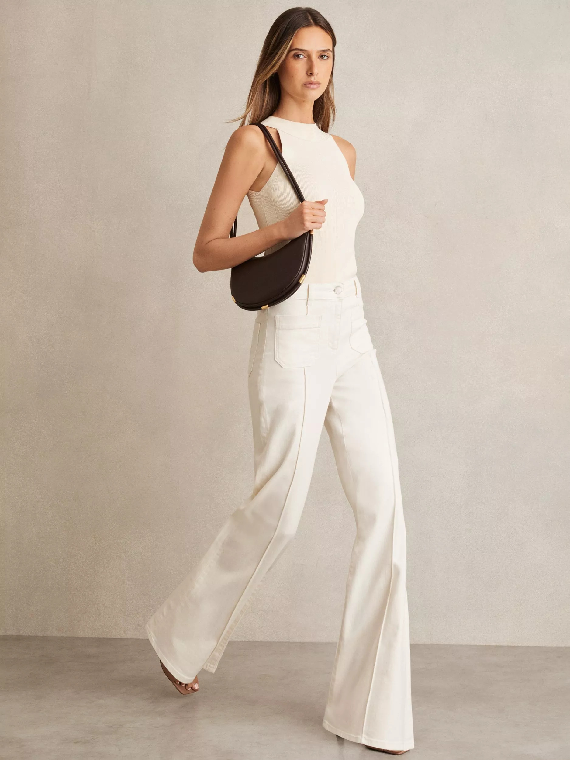 Reiss Sakura Patch-Pocket Flared Jeans, Ecru | John Lewis (UK)