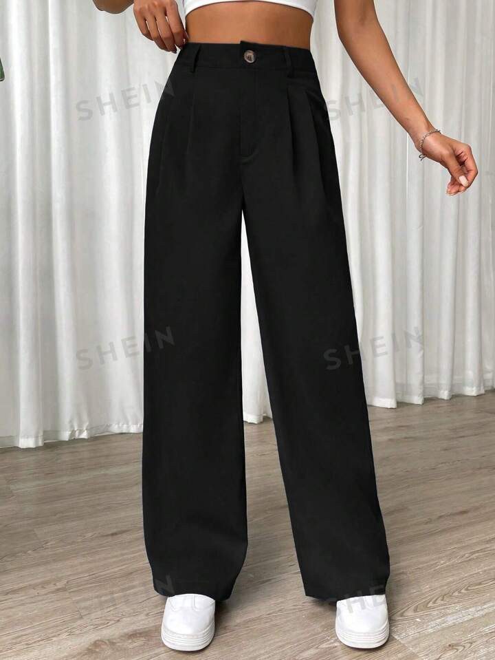 SHEIN EZwear Solid Wide Black Leg Pants | SHEIN