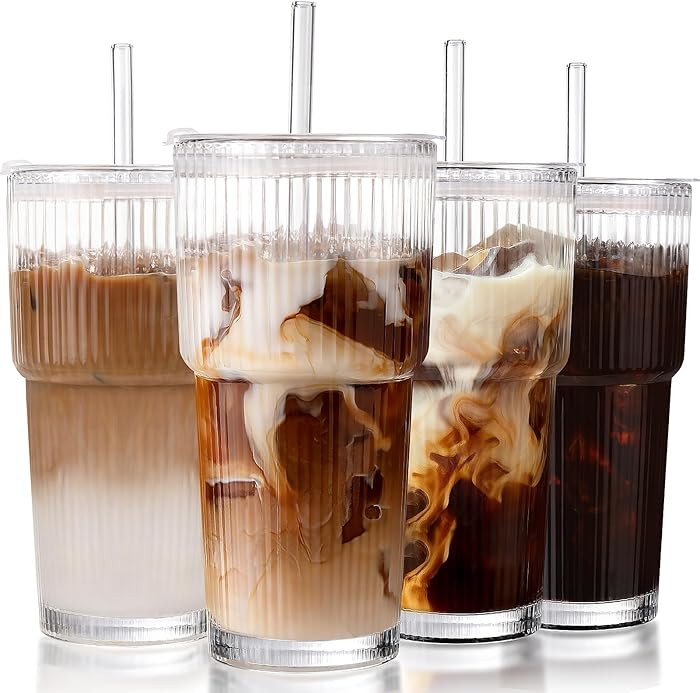 Iced Coffee Cups with Lids: Ribbed Glass Tumbler with Straw and Lid 4Pcs,Coffee Bar Accessories,2... | Amazon (US)