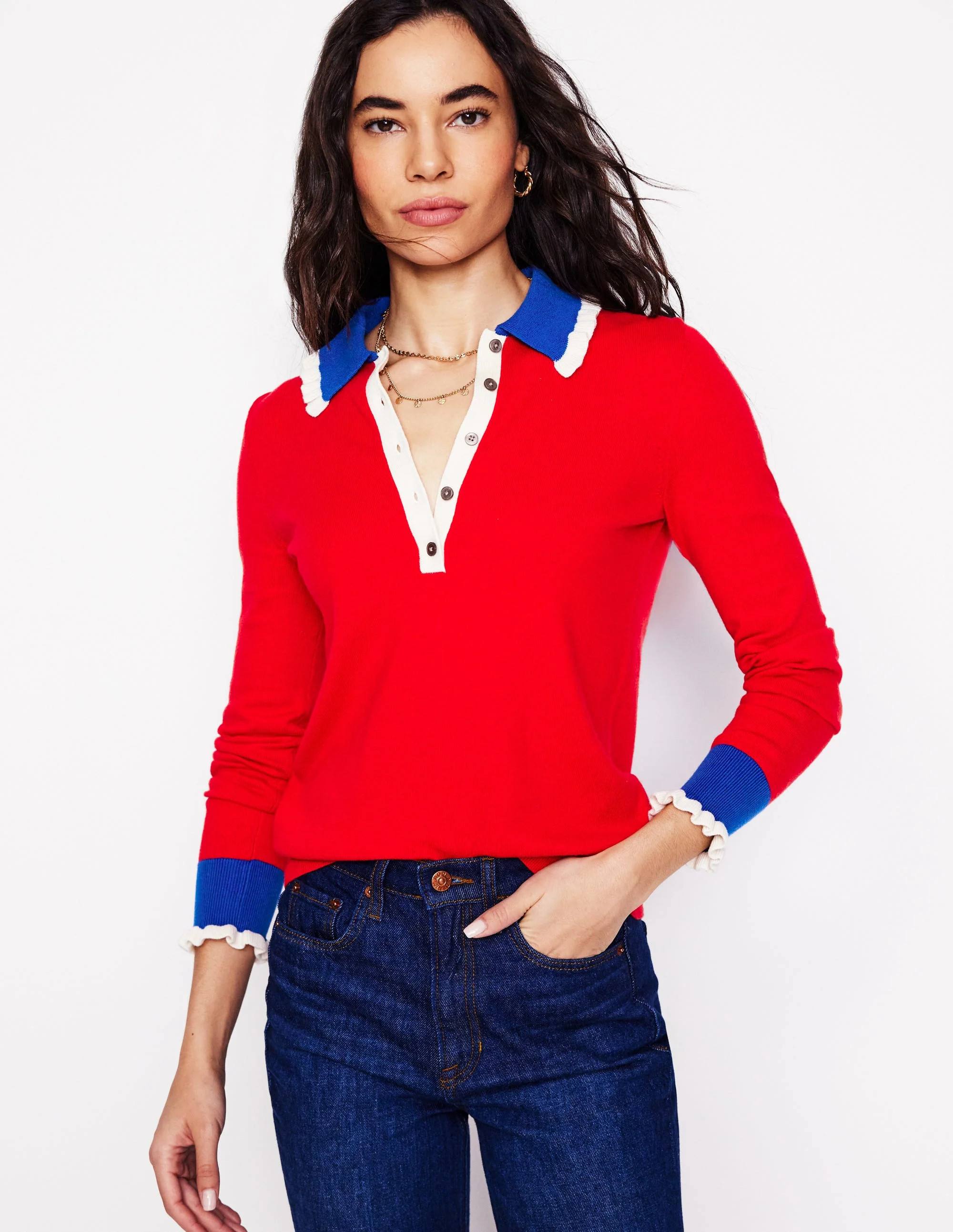 Cotton-Blend Frill Sweater-Poppy Red | Boden (US)
