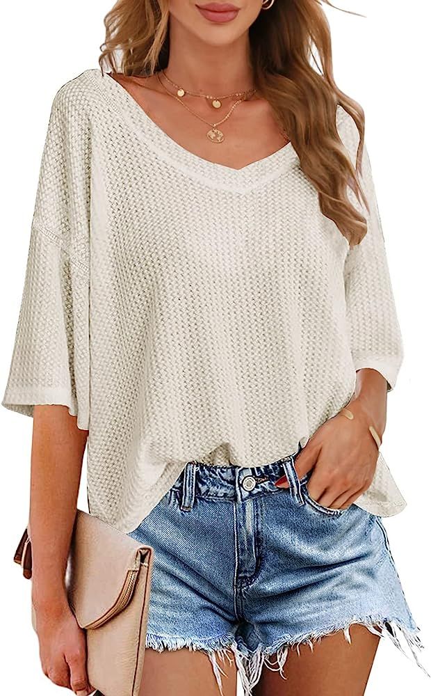 MEROKEETY Women's V Neck Batwing Half Sleeve Shirts Waffle Knit Loose Blouse Solid Color Tops | Amazon (US)