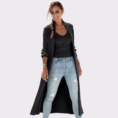 Women's Long Knit Cardigan - LASCANA - Black Solid 8/10 | Target