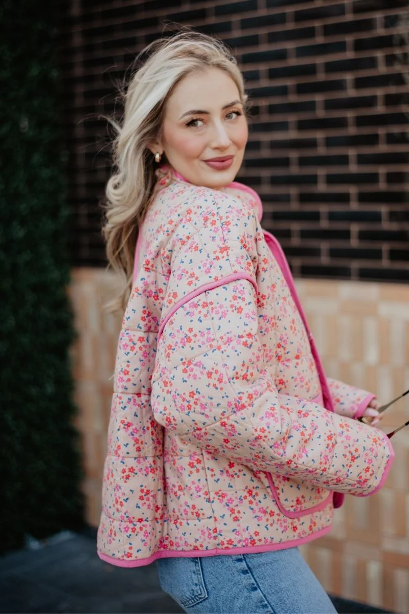 Pink Dainty Floral Lightweight Quilted Jacket for Women | Katydid