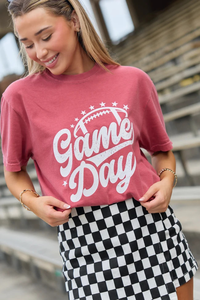Game Day Script Crimson Comfort Colors Graphic Tee | Pink Lily