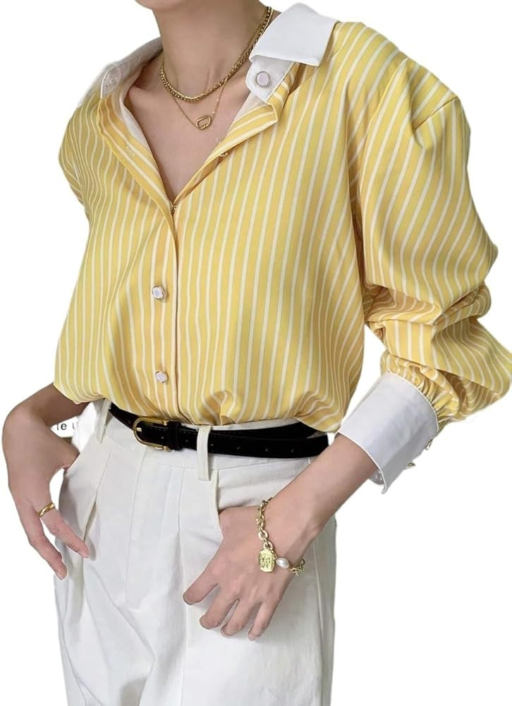 Womens Summer Casual Striped Button-Up Long Sleeve Blouse, Tee Shirt Top for Women | Amazon (US)