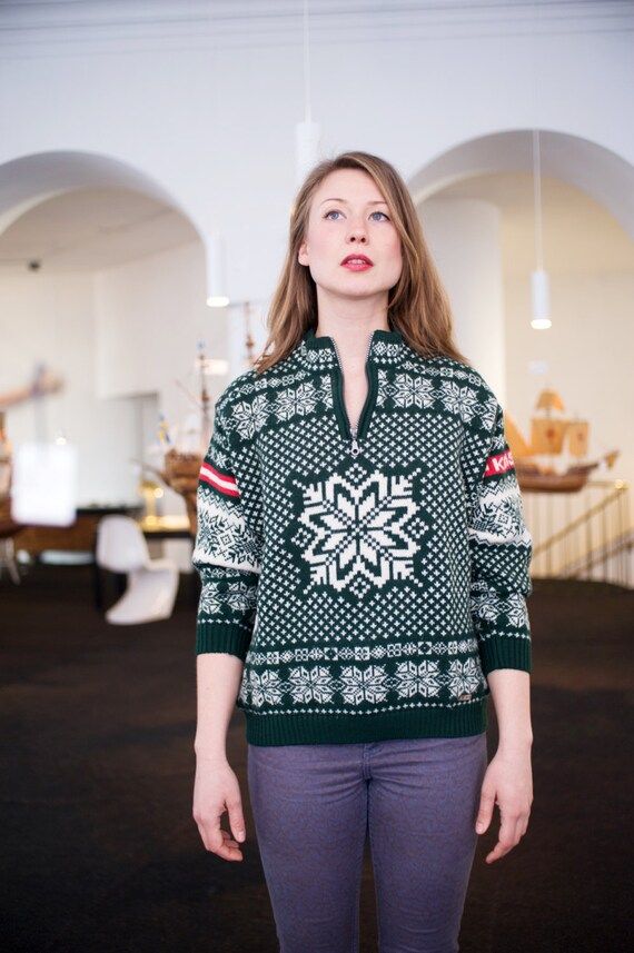 Vintage Unisex Snowflake Forest Green Chunky Knit Wool Geometric Nordic Ski Sweater | Etsy (US)