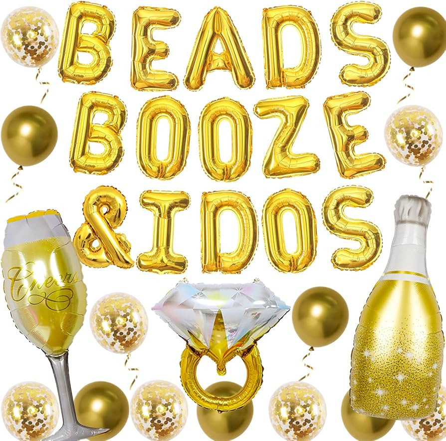 Mardi Gras Bachelorette Party Decoration Gold - Beads Booze and I Dos Balloon Banner for Fat Tues... | Amazon (US)