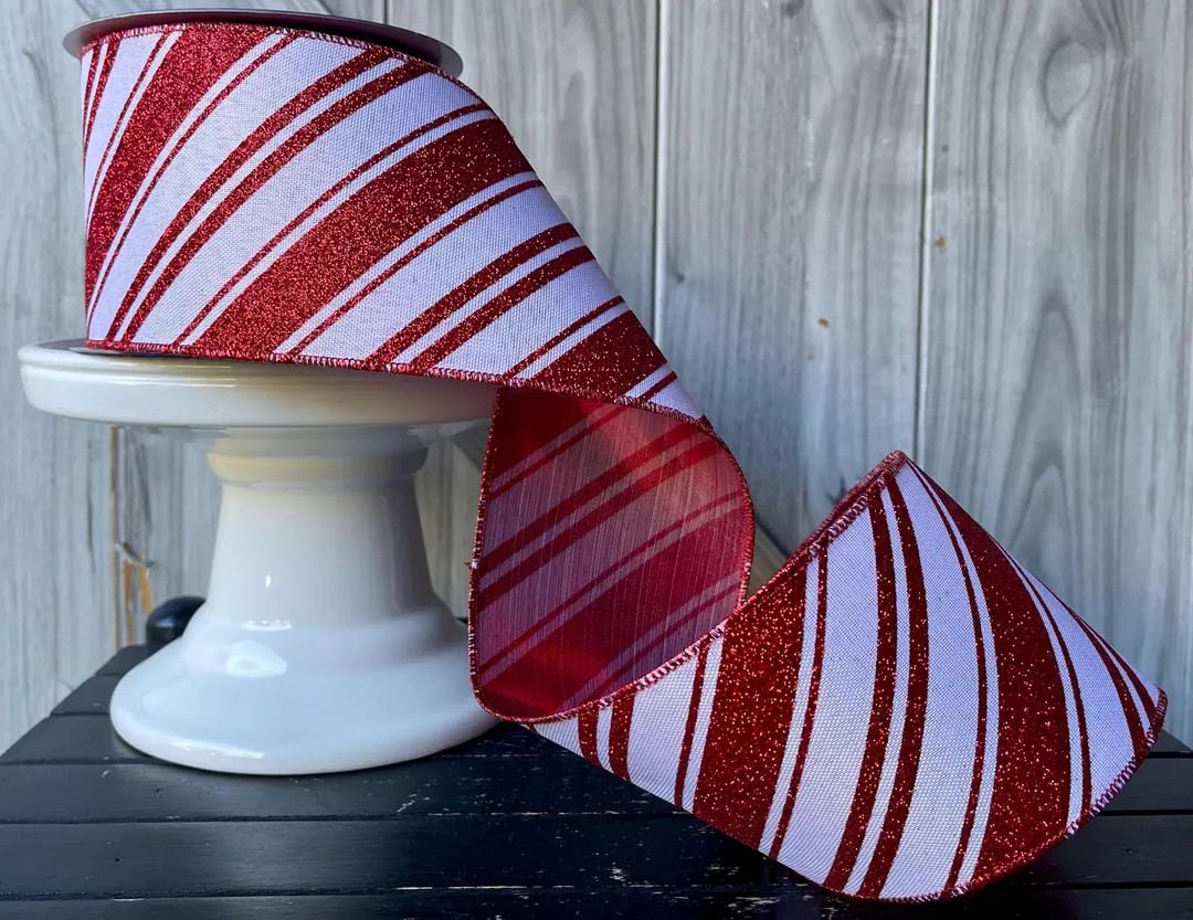 10 Yards, 4 Inch Wired Ribbon, Candy Stripe Ribbon, Red Ribbon, Designer Ribbon, Stripe Ribbon, R... | Etsy (US)