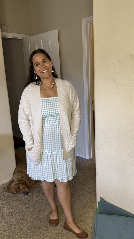 Gingham dress + cardigan. Spring outfit idea for moms.

#LTKmidsize #LTKVideo #LTKstyletip