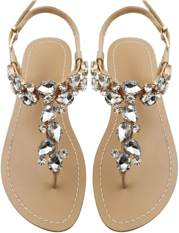 AIJIVOU Women's Rhinestone Flat Sandals, Women Flip Flops with Clip Toe RingBeadeed Rhinestone Cr... | Amazon (US)