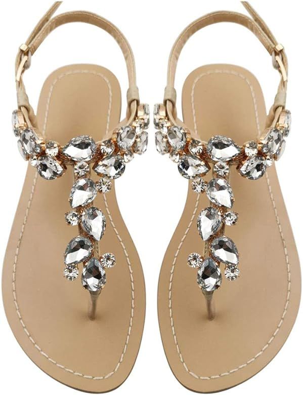Women's Rhinestone Flat Sandals, Women Flip Flops with Clip Toe RingBeadeed Rhinestone Crystal Je... | Amazon (US)