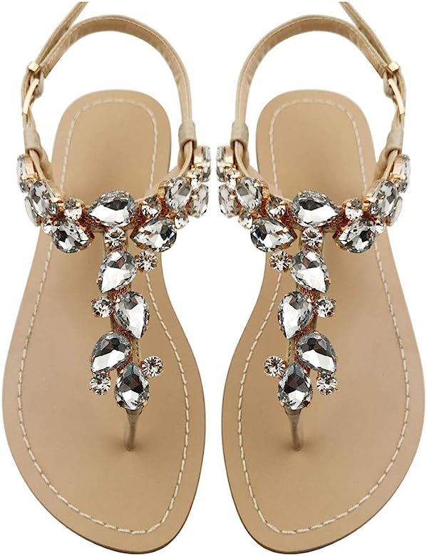 Women's Rhinestone Flat Sandals, Women Flip Flops with Clip Toe RingBeadeed Rhinestone Crystal Je... | Amazon (US)