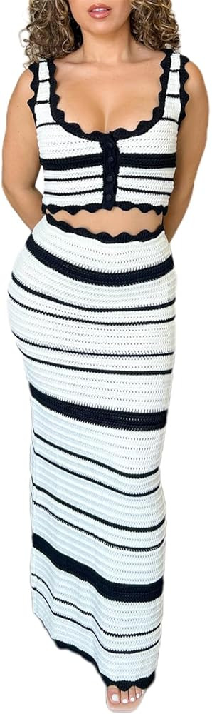 Owl's-Yard Women's Y2k Black White Stripe Knit Skirt Outfits Sexy 2Pcs Stripe Crop Tank Tops+High... | Amazon (US)