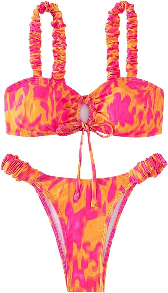 Verdusa Women's Printed Drawstring Knot Front Frill Trim 2 Piece Swimsuit Bikini Set | Amazon (US)