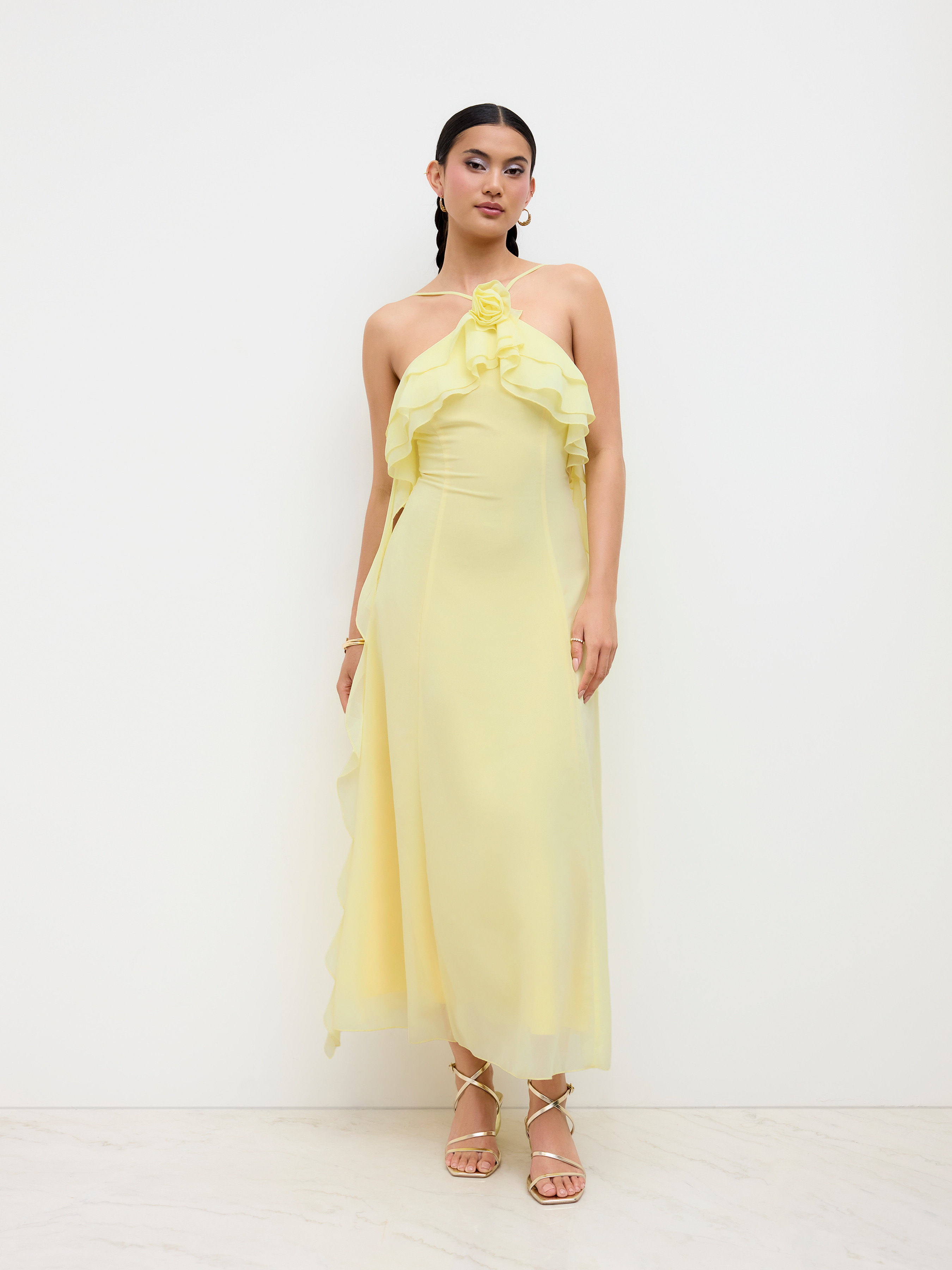 Chiffon Chiffon V-neck Rosette Ruffle Hem Criss Cross Cami Maxi Dress For Wedding | Cider