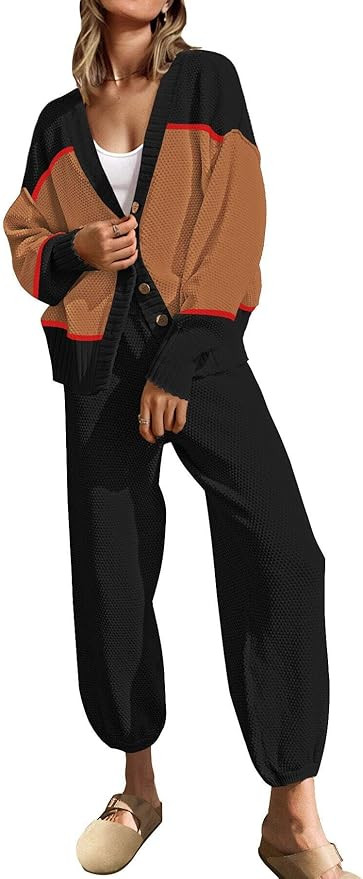 SAUKOLE Womens Two Piece Outfits Knit Sweater Sets Oversized Button Down Cardigan and Long Pants ... | Amazon (US)