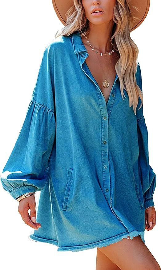 Lumister Women's Oversized Distressed Vintage Denim Button Down Shirt Fringe Hem Long Sleeve Jean... | Amazon (US)