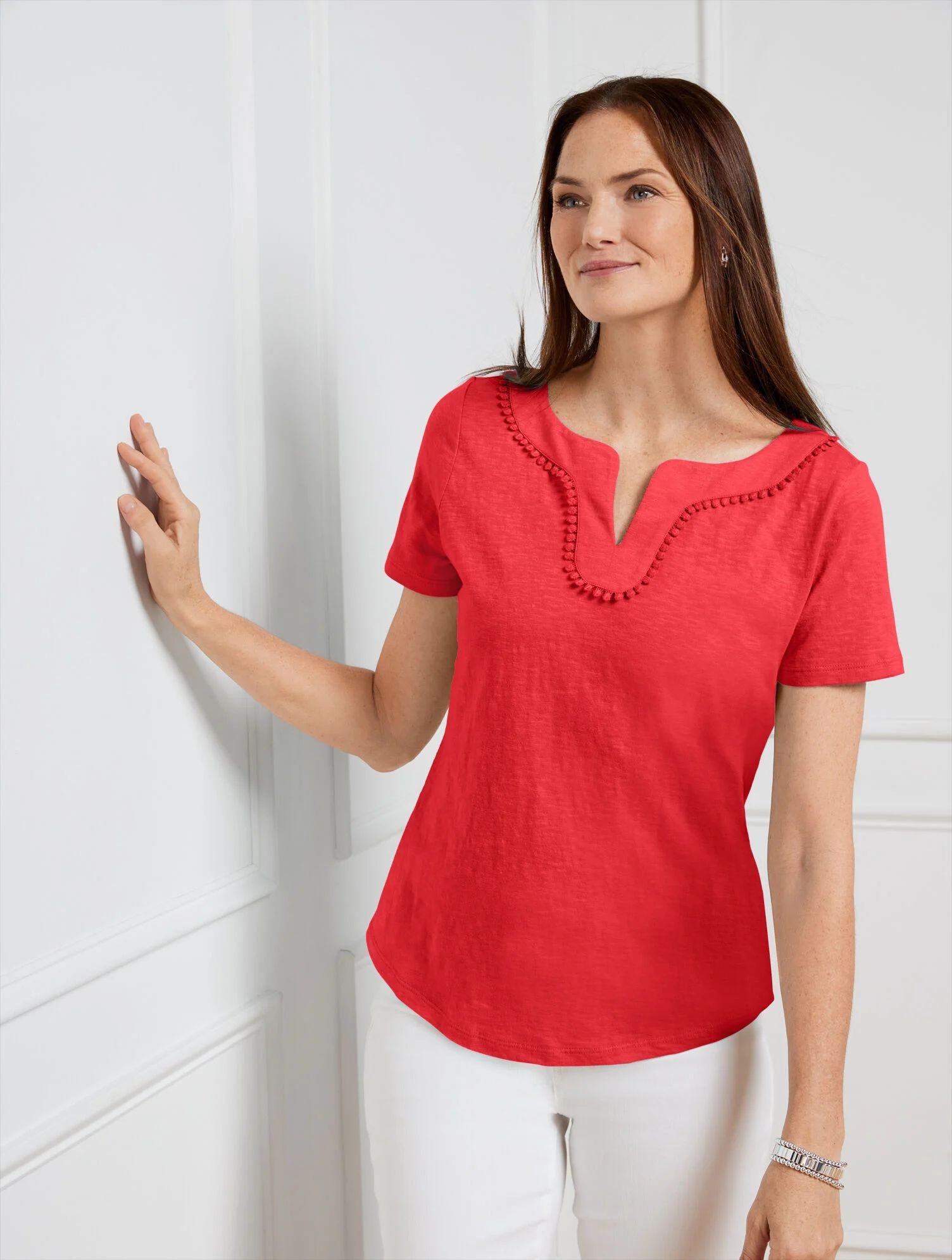 Dot Trim Split Neck Tee | Talbots