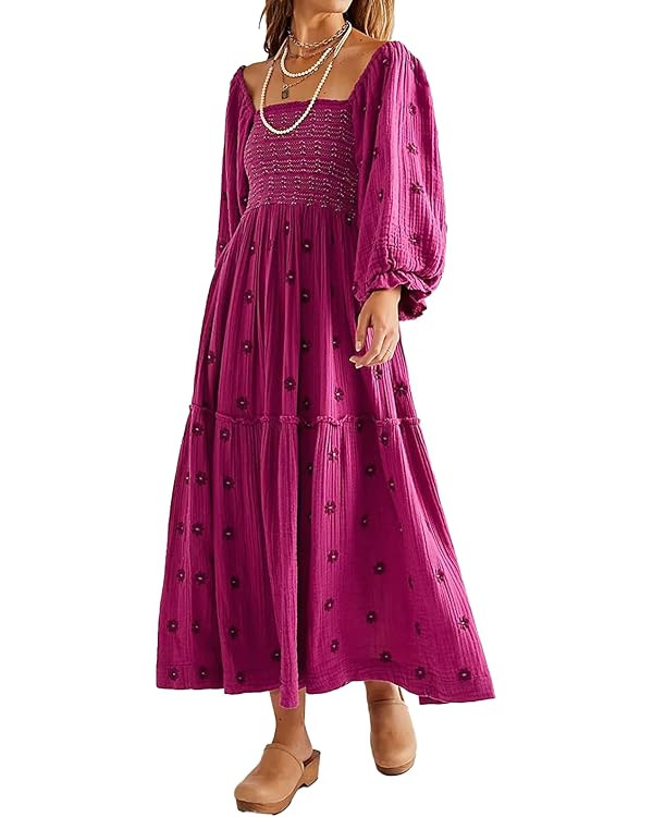 Women Floral Embroidered Maxi Dress Long Puff Sleeve Square Neck Bohemian Flowy Dress with Pocket... | Amazon (US)
