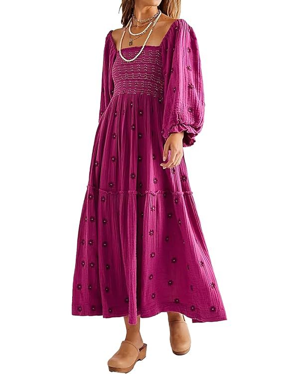 Women Floral Embroidered Maxi Dress Long Puff Sleeve Square Neck Bohemian Flowy Dress with Pocket... | Amazon (US)