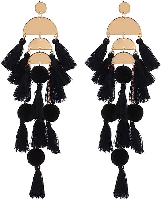 Long Tassel Earrings Statement Fringe Drop Bohemian Earrings Big Dangle for Women Fashion | Amazon (US)