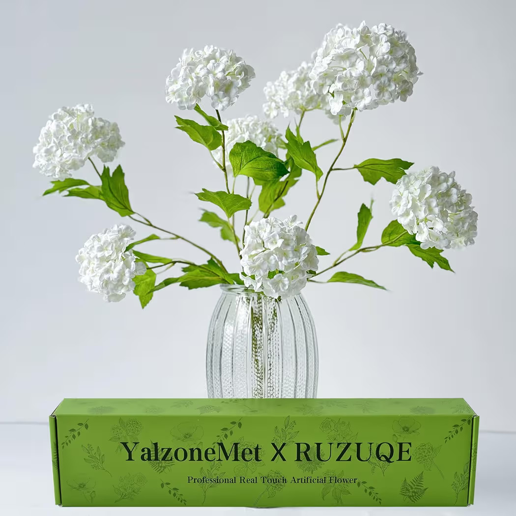 YalzoneMet 4 Pcs 26.8'' Viburnum Artificial Flower Snowball Lifelike Long Stem Real Touch White S... | Amazon (US)