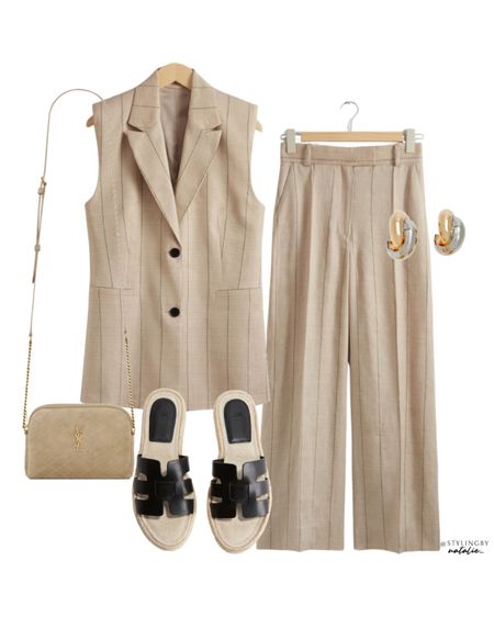 Summer co ord set, pinstripe waist coat & trousers, black espadrille sandals, YSL crossbody bag & two tone earrings.
Holiday outfit, summer outfit, neutral outfit.

#LTKSeasonal #LTKstyletip #LTKtravel