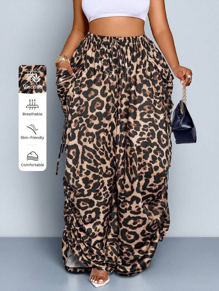 SOLERSUN Plus Size Leopard Print Pleated Drawstring Waist Casual. Loose Wide-Leg Trousers, Women's Straight Casual Trousers, Loose Leopard Print Trousers, Leopard Print Trousers, Renaissance Fair, Maroon, Back To School Season, Girlfriends Shopping, Halloween, Graduation Season, New Year, New Year's Eve, Fall, Spring, Summer, Winter All Seasons | SHEIN USA | SHEIN