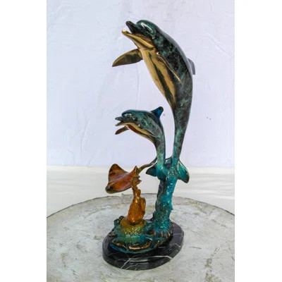 Nifao Enchanting Bronze Mermaid with Two Dolphins Statue – Handcrafted Lost Wax Sculpture with Marble Base, Ocean Fantasy Art Decor for Home, Coastal | Wayfair North America