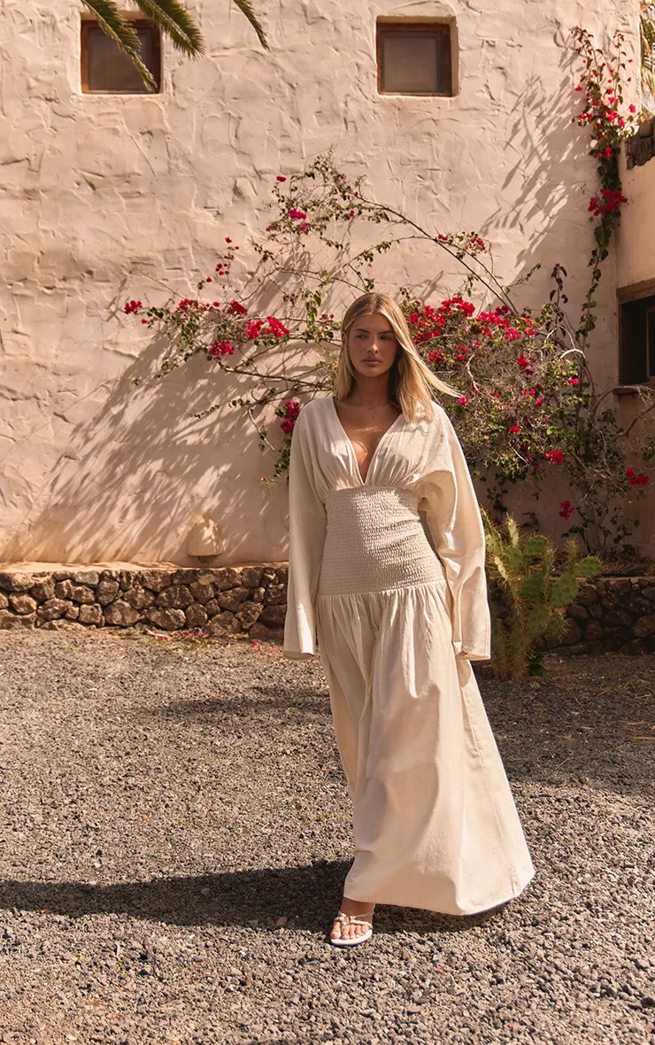 Cream Linen Look Shirred Waist Maxi Dress | PrettyLittleThing US