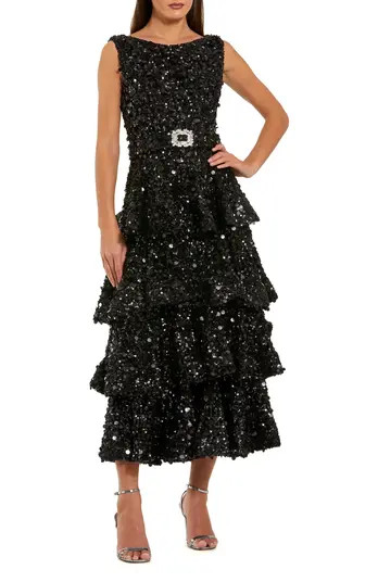 Sleeveless Sequin Ruffle Midi Dress With Belt | Nordstrom