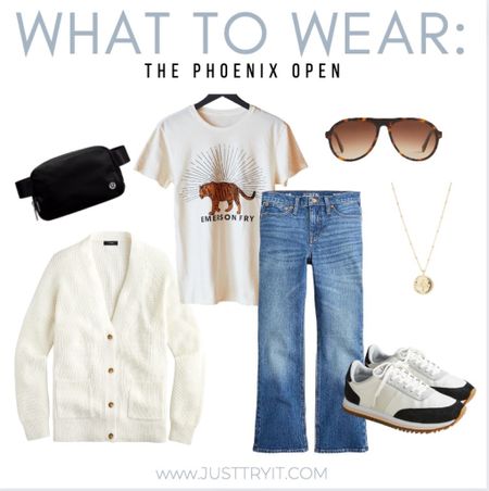 It’s Golf Tournament Season! ⛳️ Each year, Phoenix hosts the Phoenix Open Golf Tourney. Whether you’re headed there or another fun early Spring event, here is some comfy and chic outfit inspo!

Graphic tee
Tortoise shell aviator
Outfit of the day
Lifestyle sneaker
Cream cardigan
Belt bag
