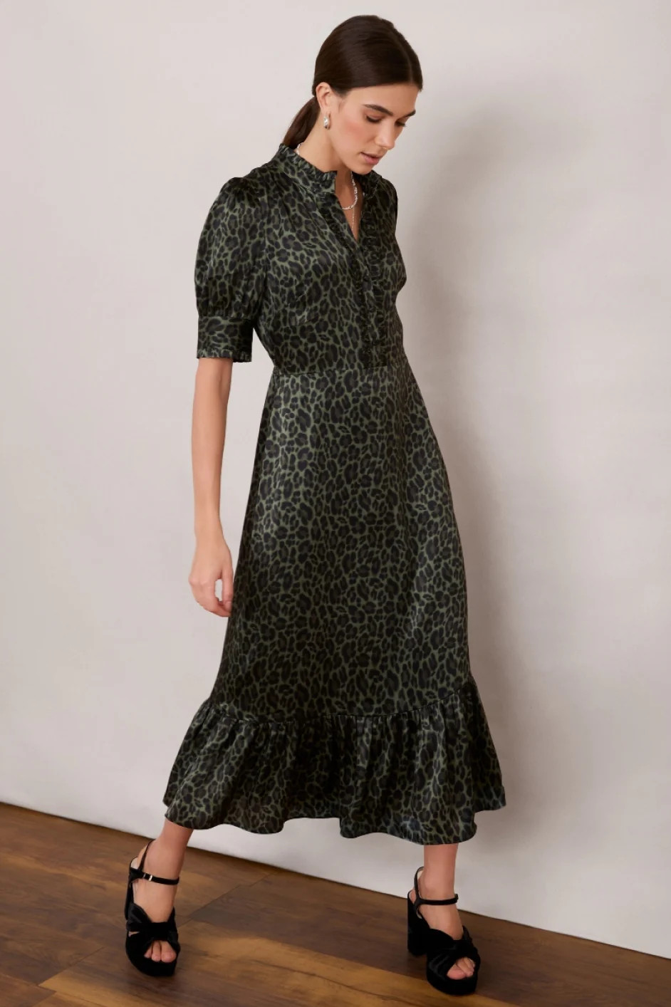 Fabienne Silk Dress - Khaki Leopard | WYSE London