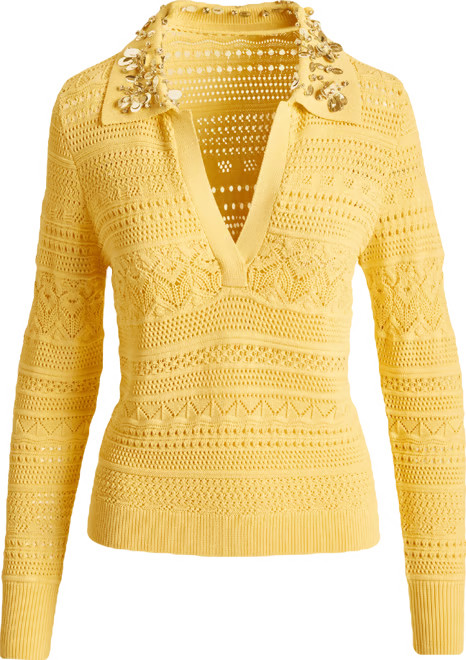 Pointelle Jewel Collared Pull Over Sweater - Pale Banana | Boston Proper | Boston Proper