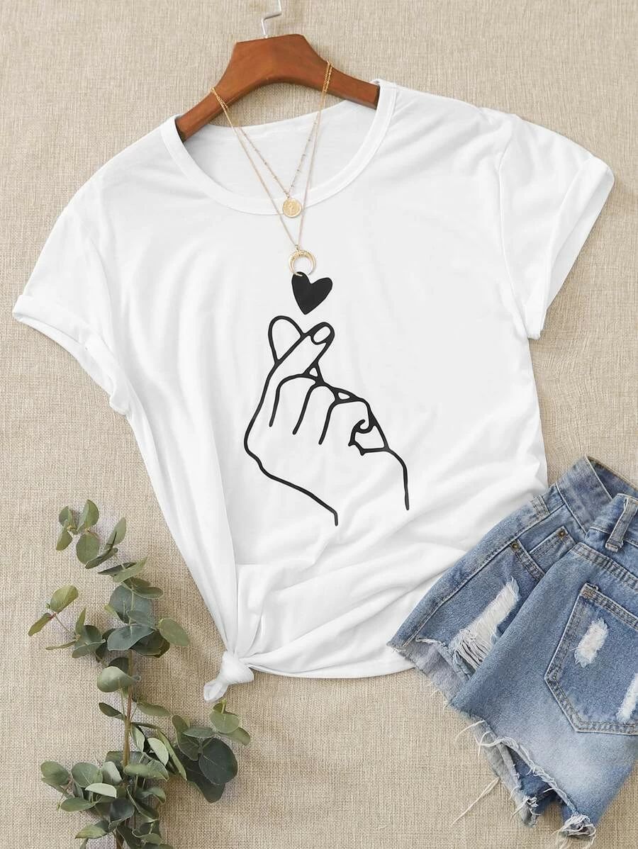 Gesture And Heart Print Tee SKU: swtee03200420240(1000+ Reviews)$8.00Make 4 payments of $2.00 $7.... | SHEIN