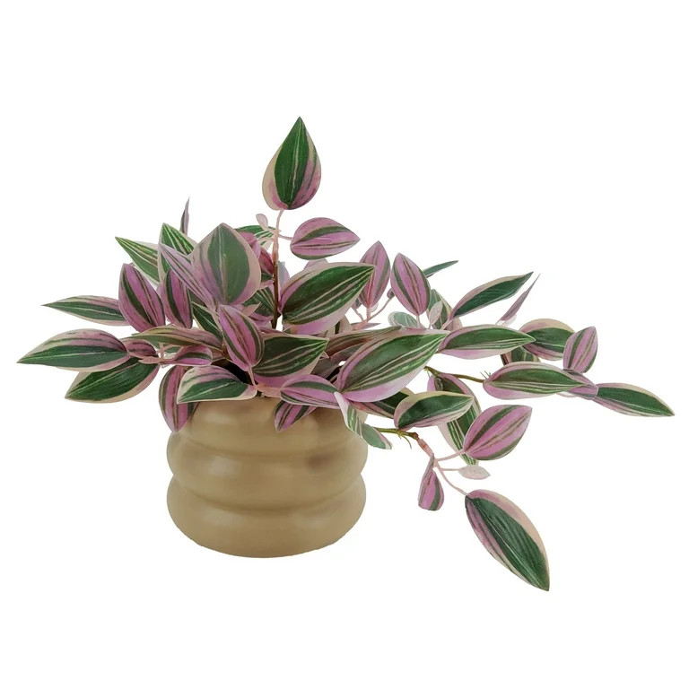 Mainstays Indoor Artificial Variegated Zebrina, 9.5-Inch, Pink and Green Leaves, Tan Bubble Vase | Walmart (US)